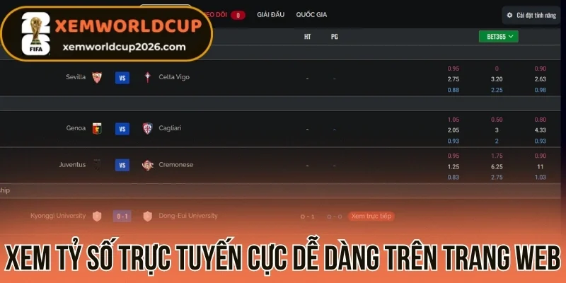 Xem tỷ số trực tuyến cực dễ dàng trên trang web